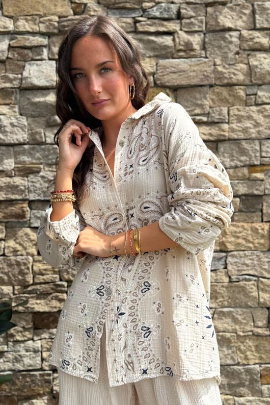 Cala Cushion Cotton Bandana Relaxed Shirt Stone